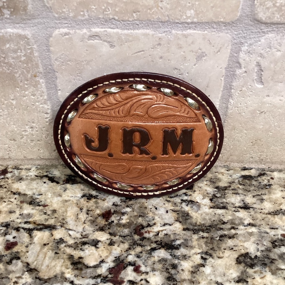 Brown Leather Belt Buckle with J.R.M. Initials.